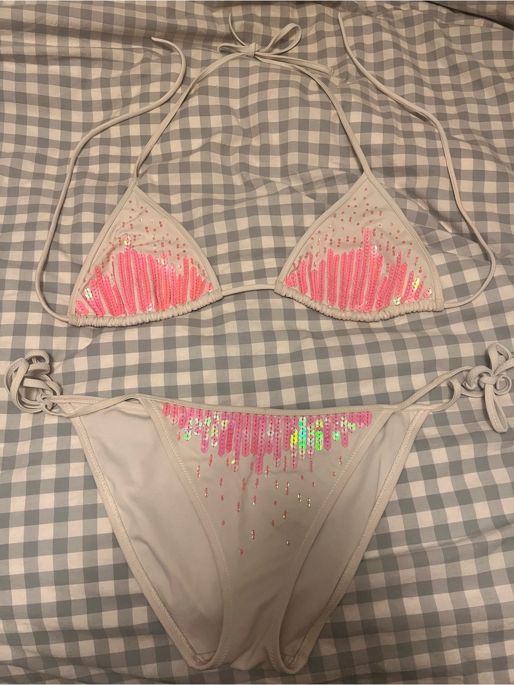 Victoria's Secret White String Bikini with Pink Sequin Trim